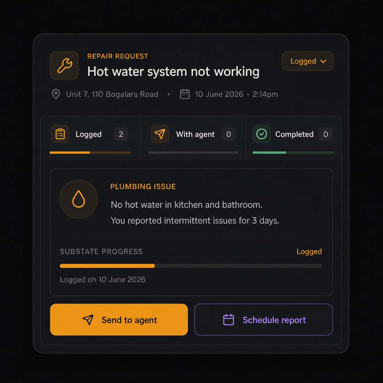 A repair issue card with status, timeline, and next actions.